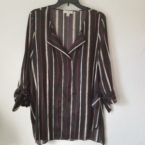 Halston Black Blouse with Stripes and Tie Arm Cuff Detail